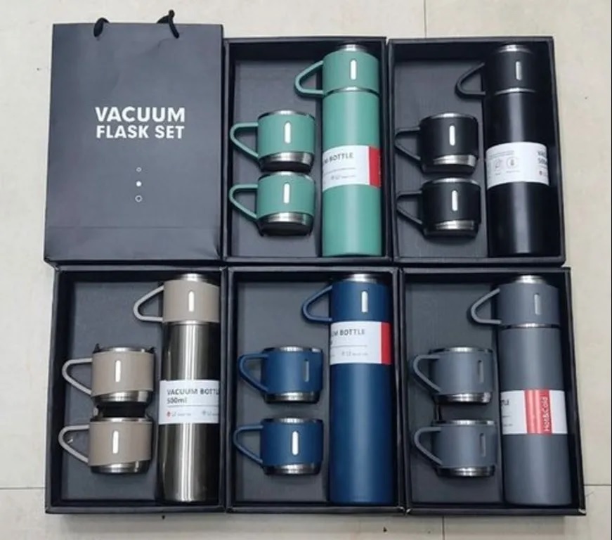 Double Wall Stainless Steel Vacuum flask Gift Set with Two Cups Hot & Cold  | Assorted Color | Box Packing